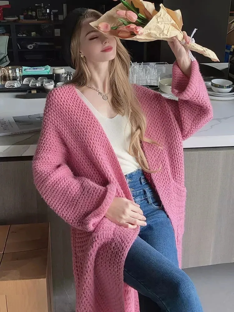 Rose Red Pocket Big Size Knitting Cardigan Sweater V-Neck Long Sleeve Women New Fashion Tide Autumn Winter 2023 C-072