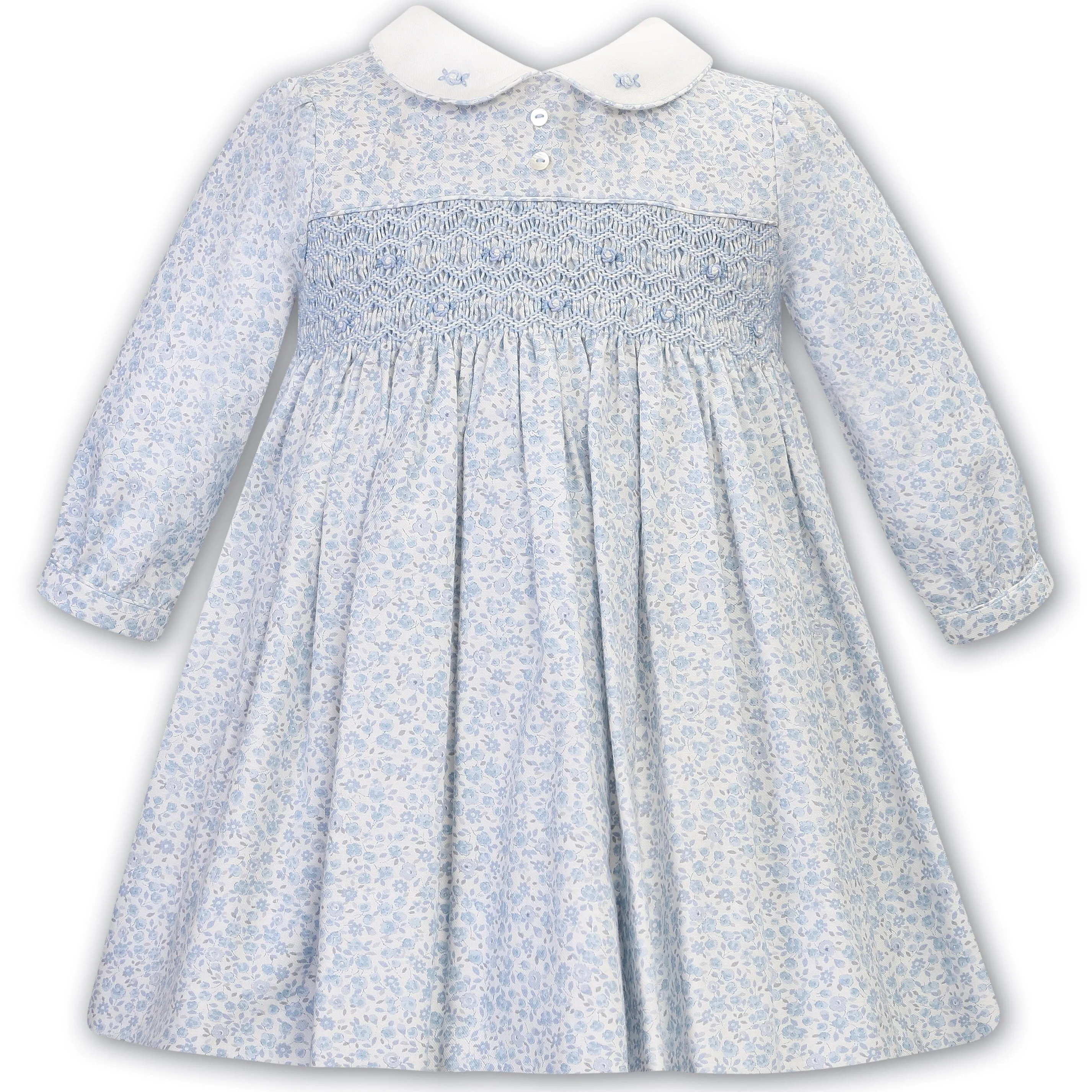 SARAH LOUISE -  Smocked Peter Pan Collar Floral Print Dress - Blue