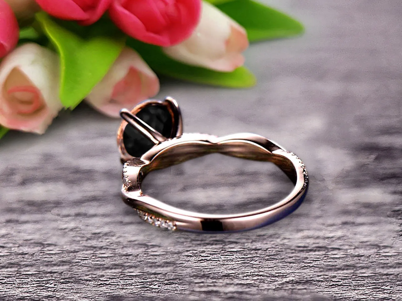 Shining 1.25 Carat Round Black Diamond Moissanite Engagement Ring Solid 10k Rose Gold Wedding Ring twisted Infinity style Gemstone Promise Ring for Life Partner Anniversary Gift