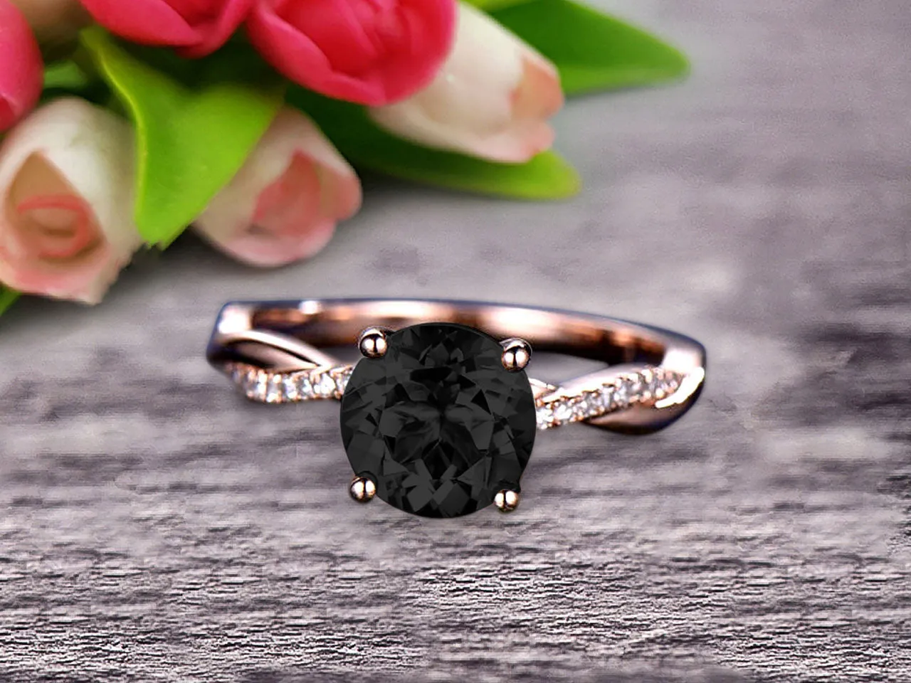 Shining 1.25 Carat Round Black Diamond Moissanite Engagement Ring Solid 10k Rose Gold Wedding Ring twisted Infinity style Gemstone Promise Ring for Life Partner Anniversary Gift