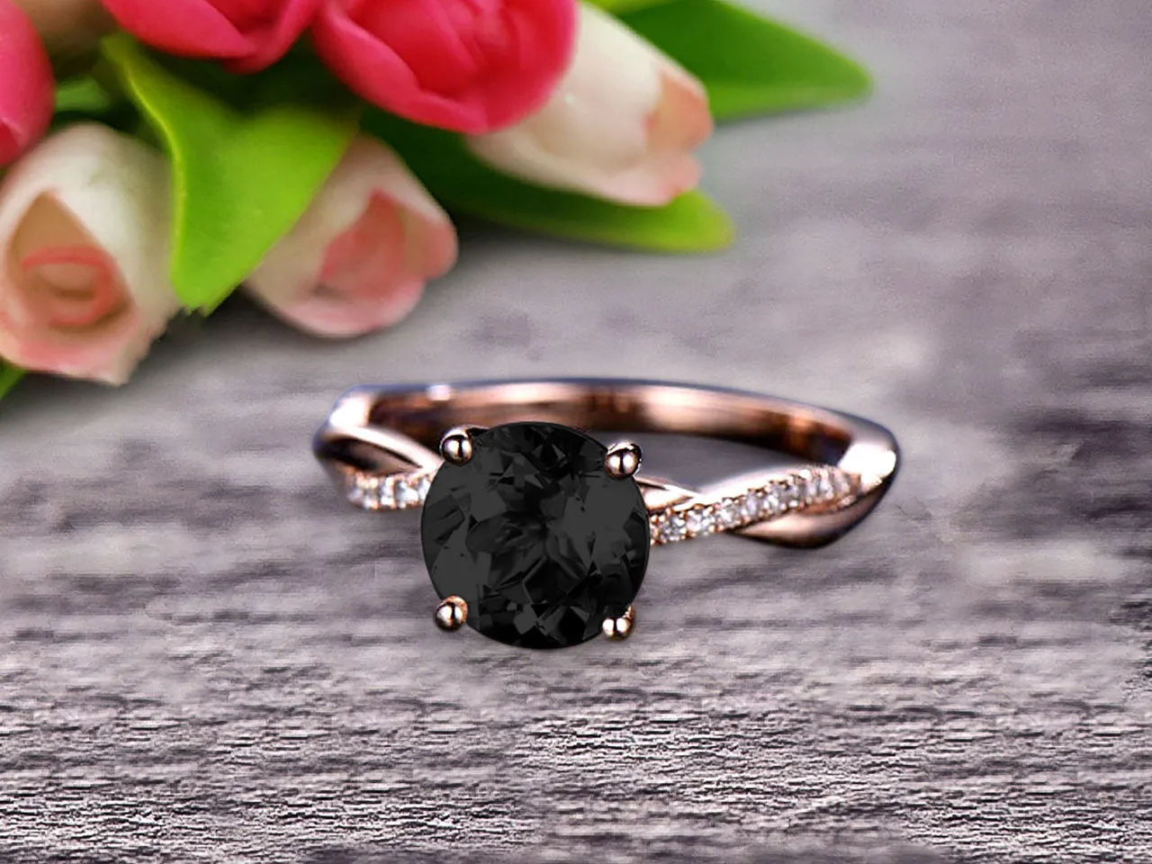 Shining 1.25 Carat Round Black Diamond Moissanite Engagement Ring Solid 10k Rose Gold Wedding Ring twisted Infinity style Gemstone Promise Ring for Life Partner Anniversary Gift