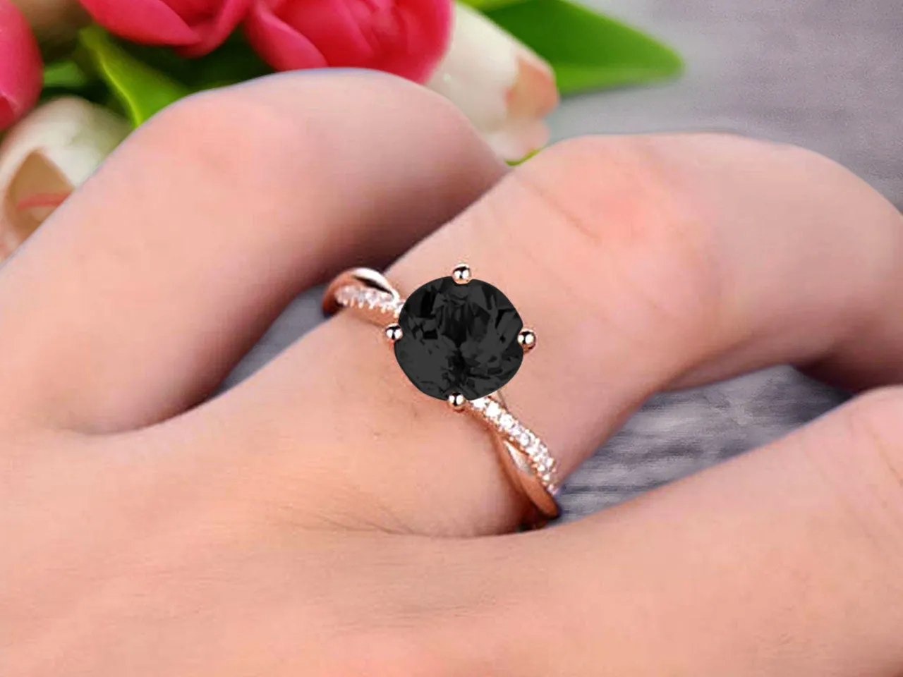 Shining 1.25 Carat Round Black Diamond Moissanite Engagement Ring Solid 10k Rose Gold Wedding Ring twisted Infinity style Gemstone Promise Ring for Life Partner Anniversary Gift