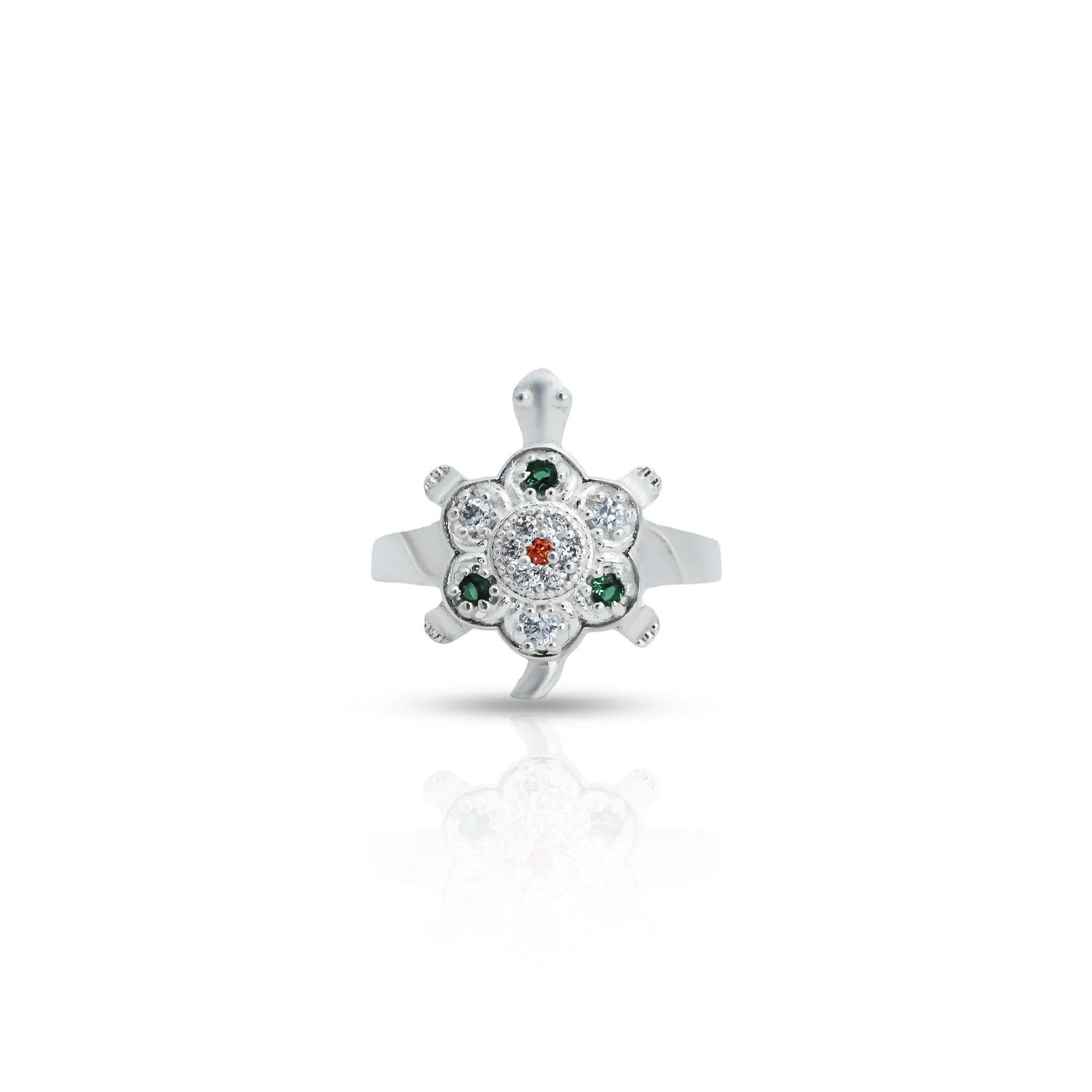 Silver Center Gemstone with Flower and Tortoise Design Ring for Girls