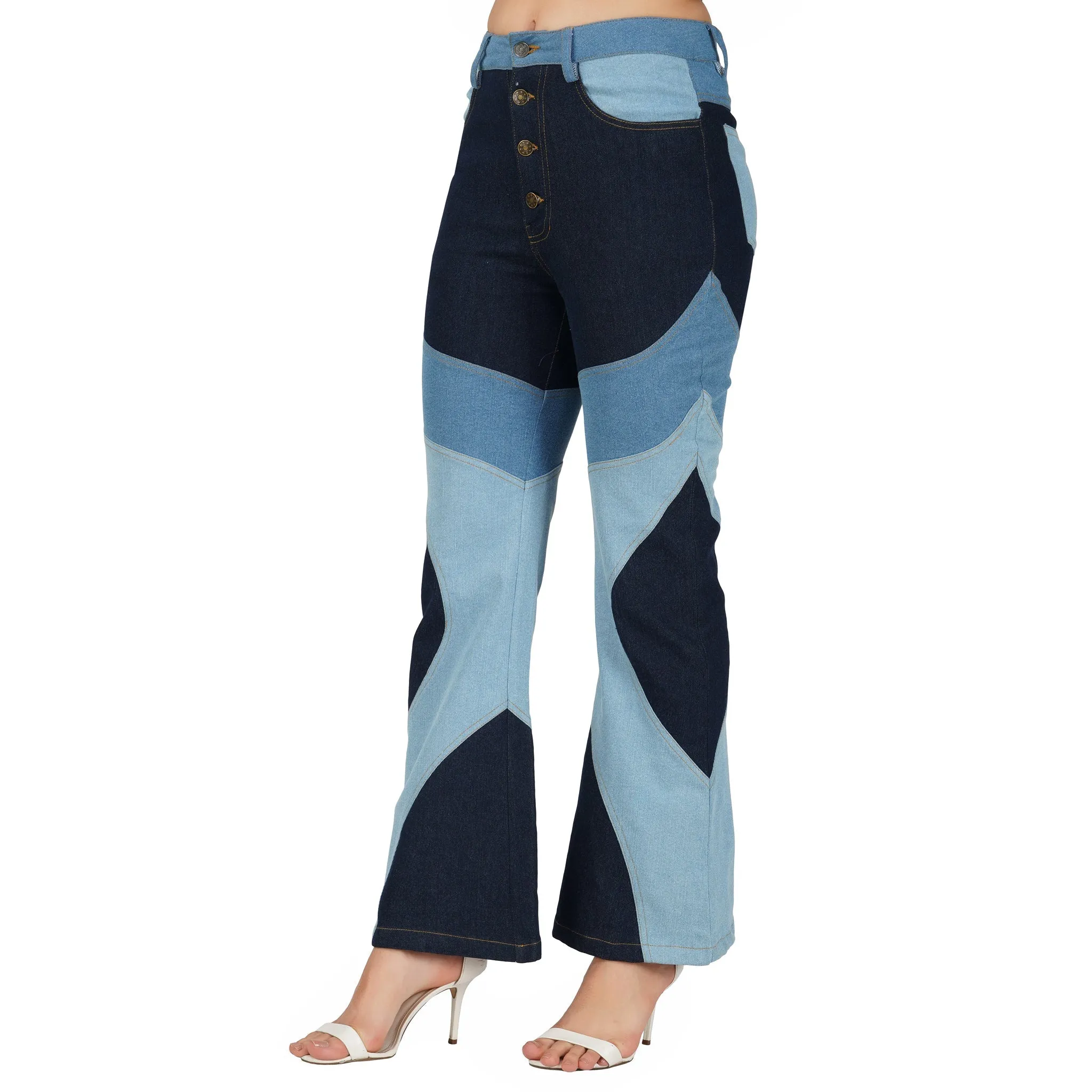 SLAY. Women's 3 Way Acid Wash Colorblock Denim Flare Jeans(Stretch Fabric)