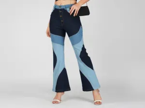 SLAY. Women's 3 Way Acid Wash Colorblock Denim Flare Jeans(Stretch Fabric)