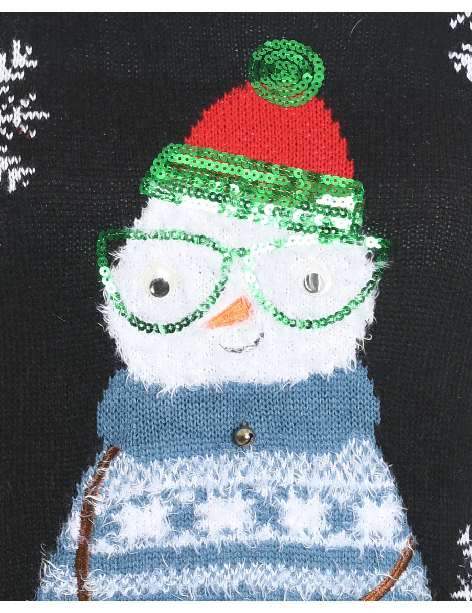 Snowman Design Black Sequined Knit Christmas Jumper - S