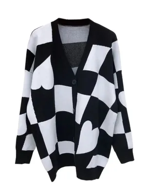 Soliaten V-neck Plaid Checkerboard Oversized Cardigan Women Autumn Winter Single Breasted Ladies Long Sweter Jumper  C-174