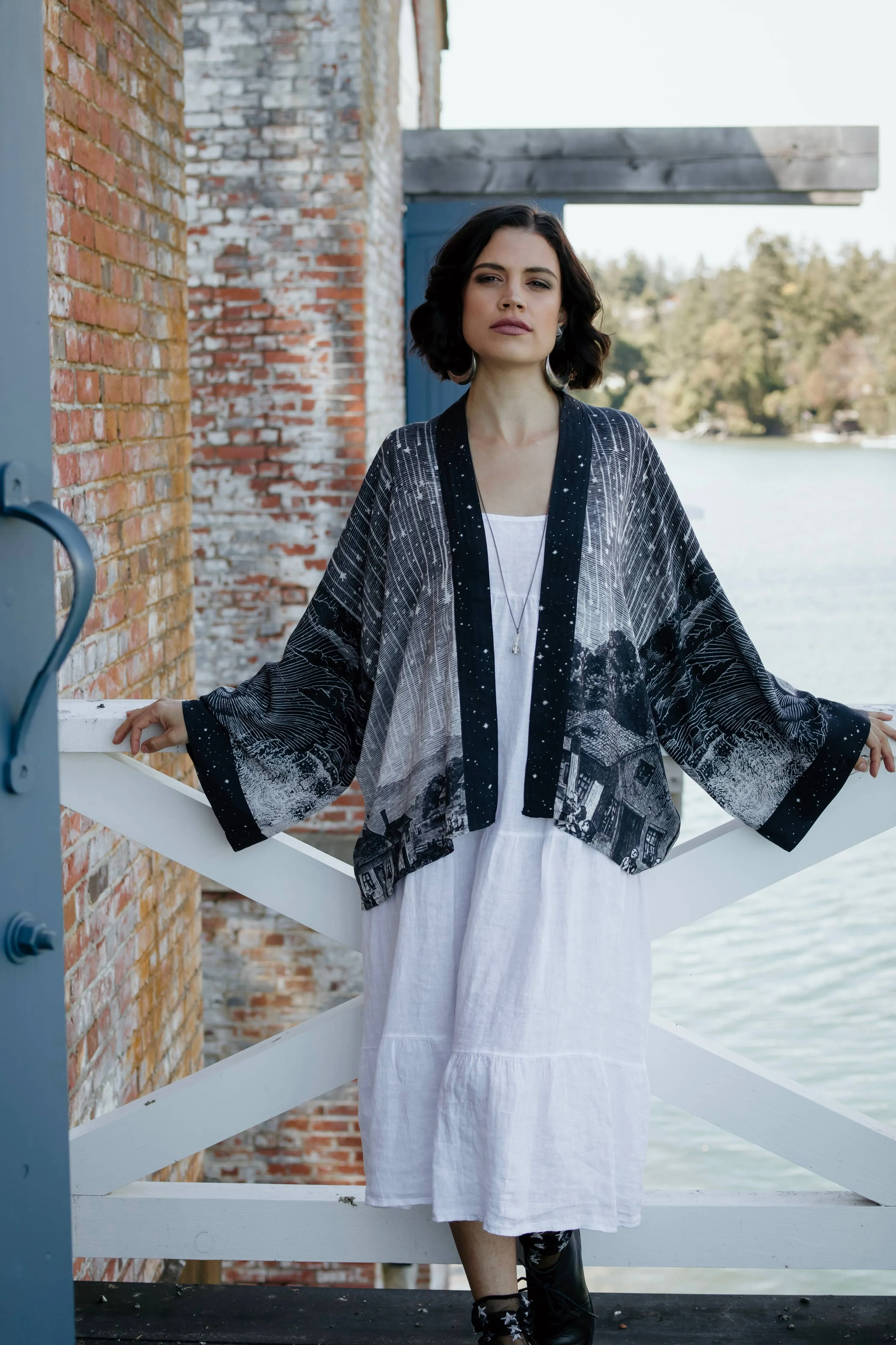 Stargazer Cropped Bamboo Kimono Cardigan with Falling Stars