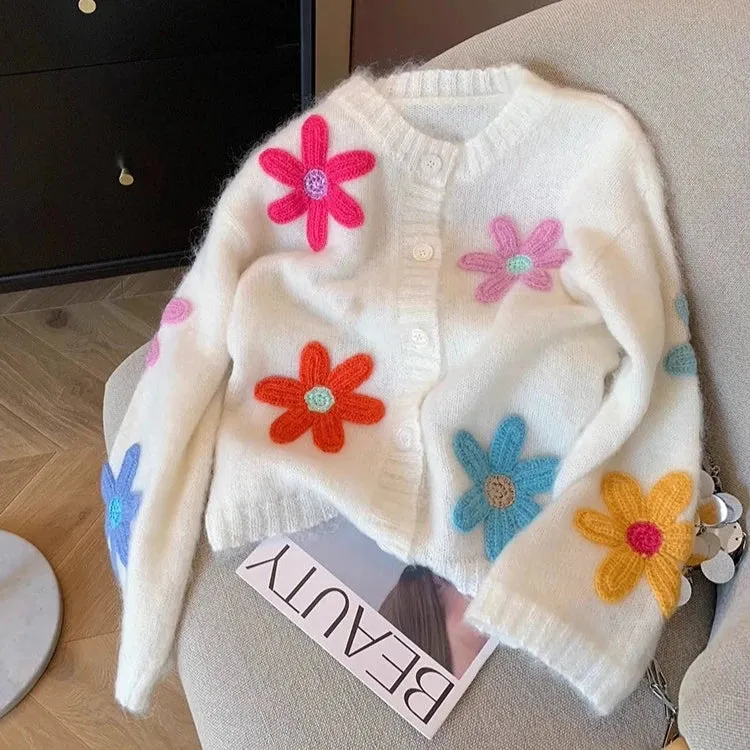 Three-Dimensional Flower Knitted Cardigan  Women's Unique Spring Sweater