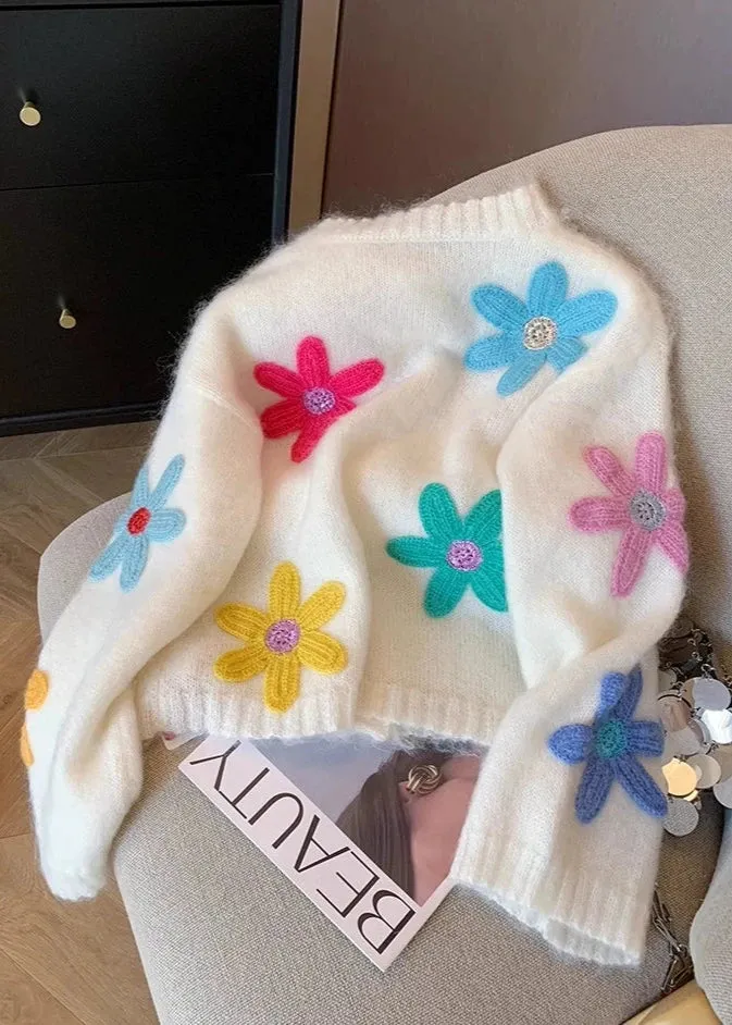 Three-Dimensional Flower Knitted Cardigan  Women's Unique Spring Sweater