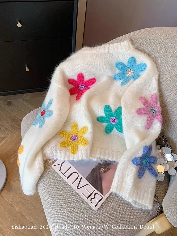 Three-Dimensional Flower Knitted Cardigan  Women's Unique Spring Sweater