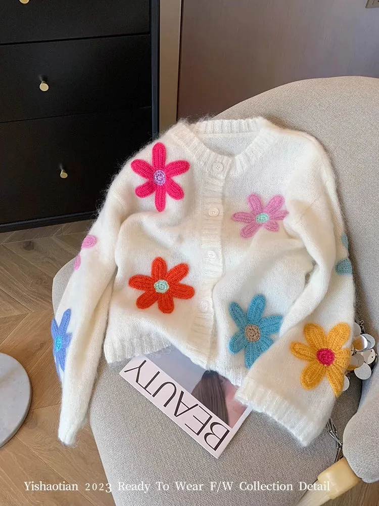 Three-Dimensional Flower Knitted Cardigan  Women's Unique Spring Sweater