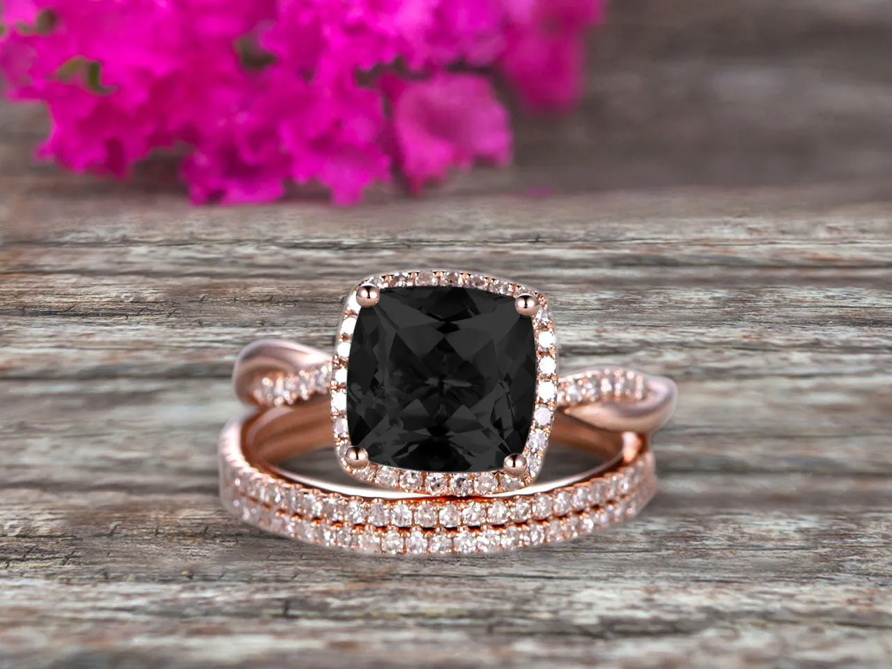 Trio Set 2 Carat Cushion Cut Black Diamond Moissanite 10k Rose Gold Wedding Set Bridal Ring Infinity Stacking Matching Band Art Deco