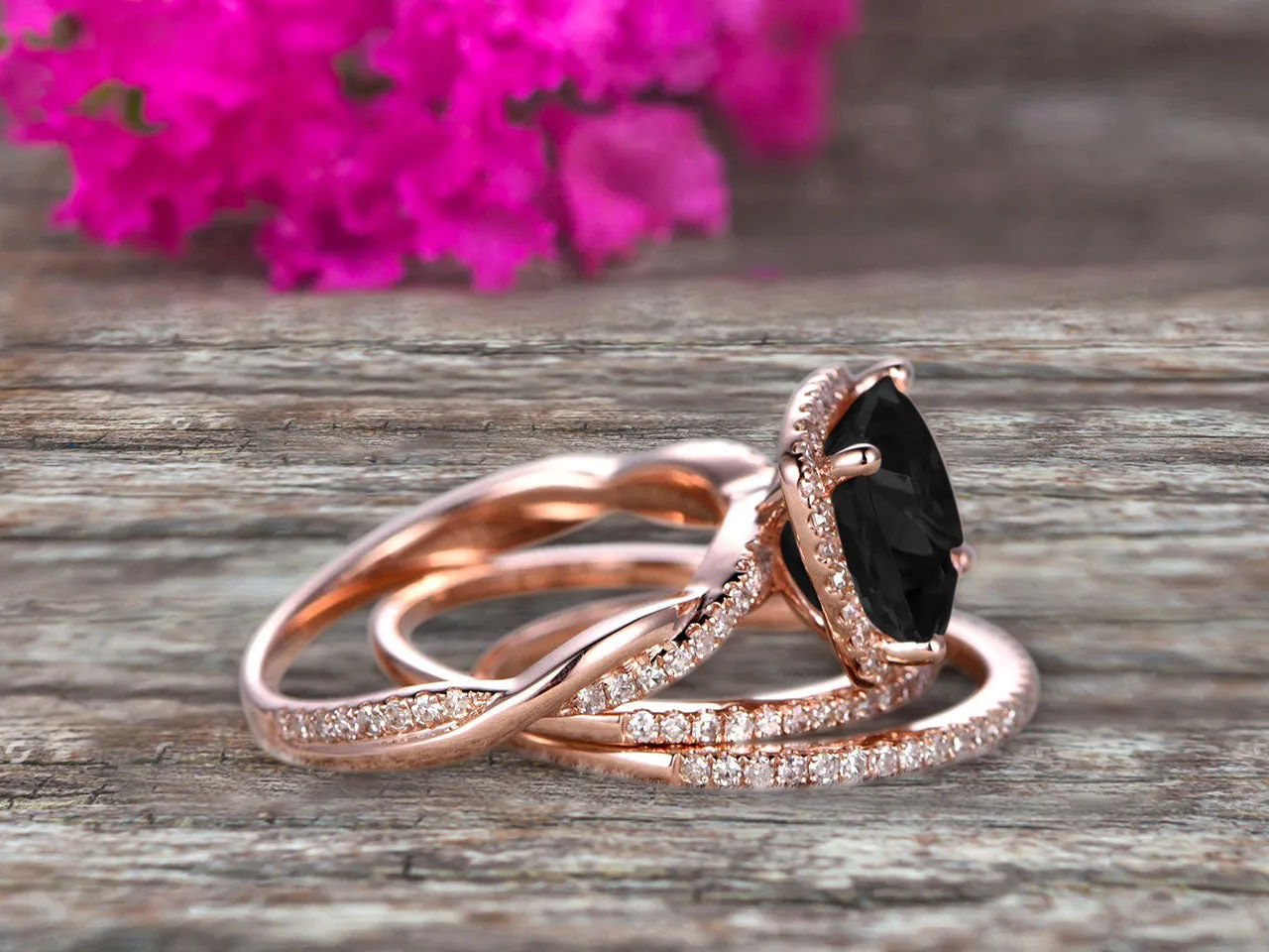 Trio Set 2 Carat Cushion Cut Black Diamond Moissanite 10k Rose Gold Wedding Set Bridal Ring Infinity Stacking Matching Band Art Deco