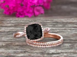 Trio Set 2 Carat Cushion Cut Black Diamond Moissanite 10k Rose Gold Wedding Set Bridal Ring Infinity Stacking Matching Band Art Deco