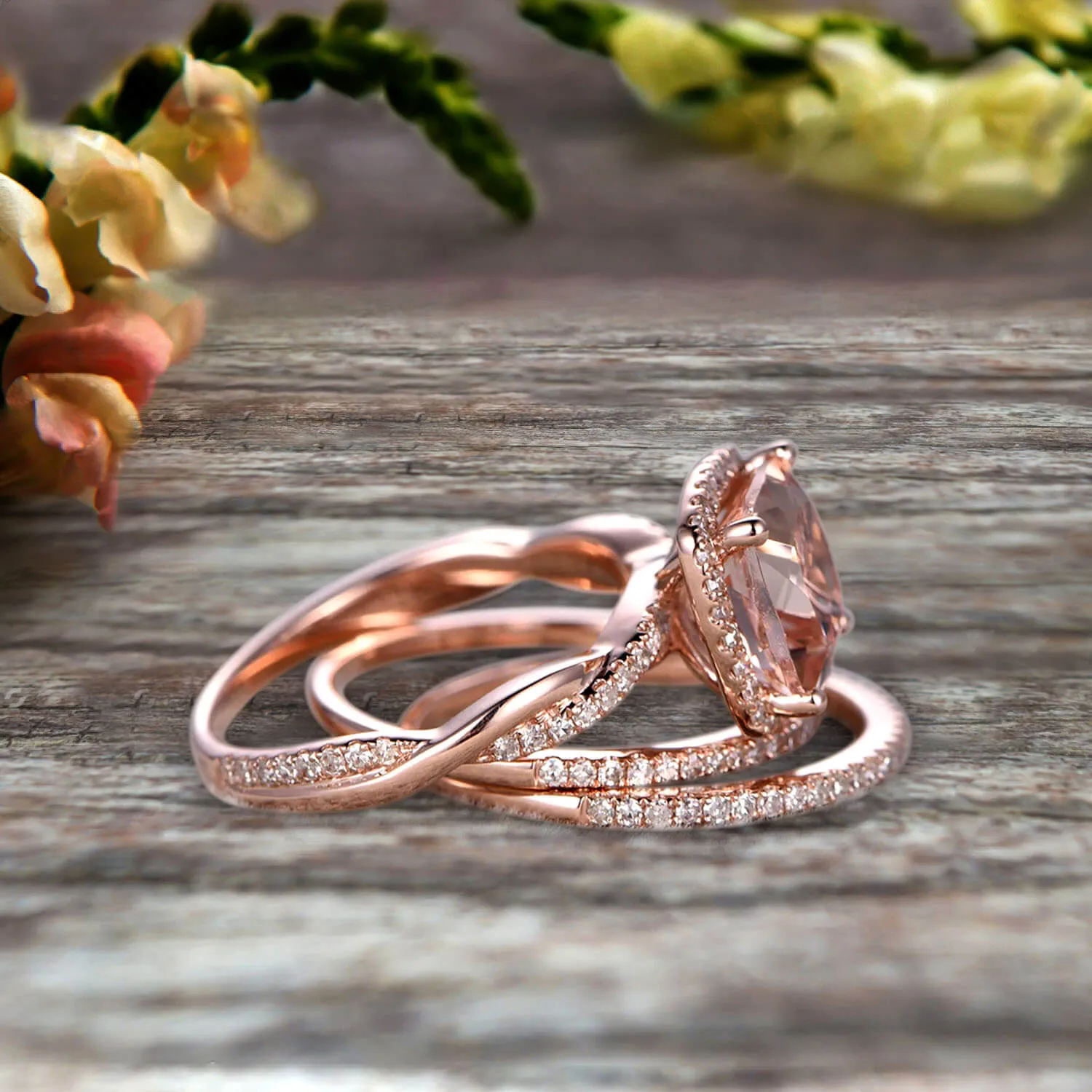 Trio Set 2 Carat Cushion Cut Morganite 10k Rose Gold Wedding Set Bridal Ring Infinity Stacking Matching Band Art Deco