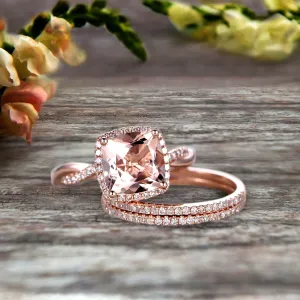 Trio Set 2 Carat Cushion Cut Morganite 10k Rose Gold Wedding Set Bridal Ring Infinity Stacking Matching Band Art Deco