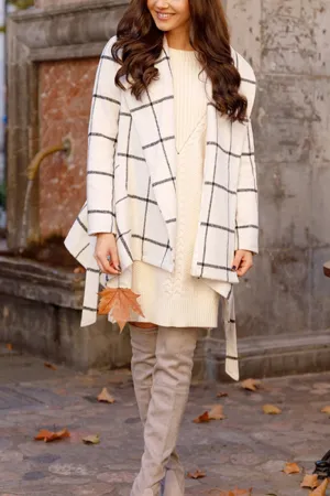 Tweed Belt Plaid Coat