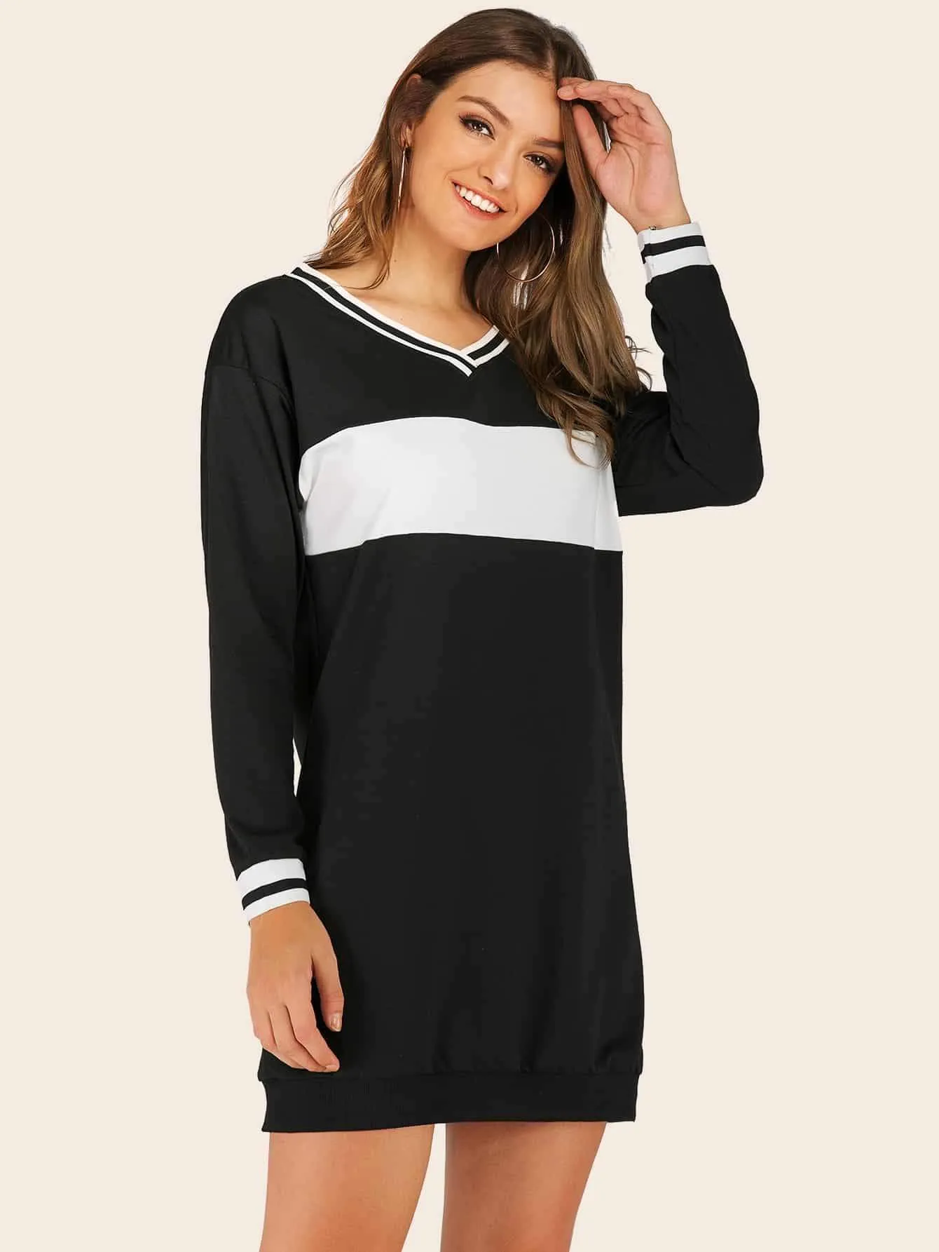 V-neck Cut And Sew Stripe Panel Sweatshirt Dress