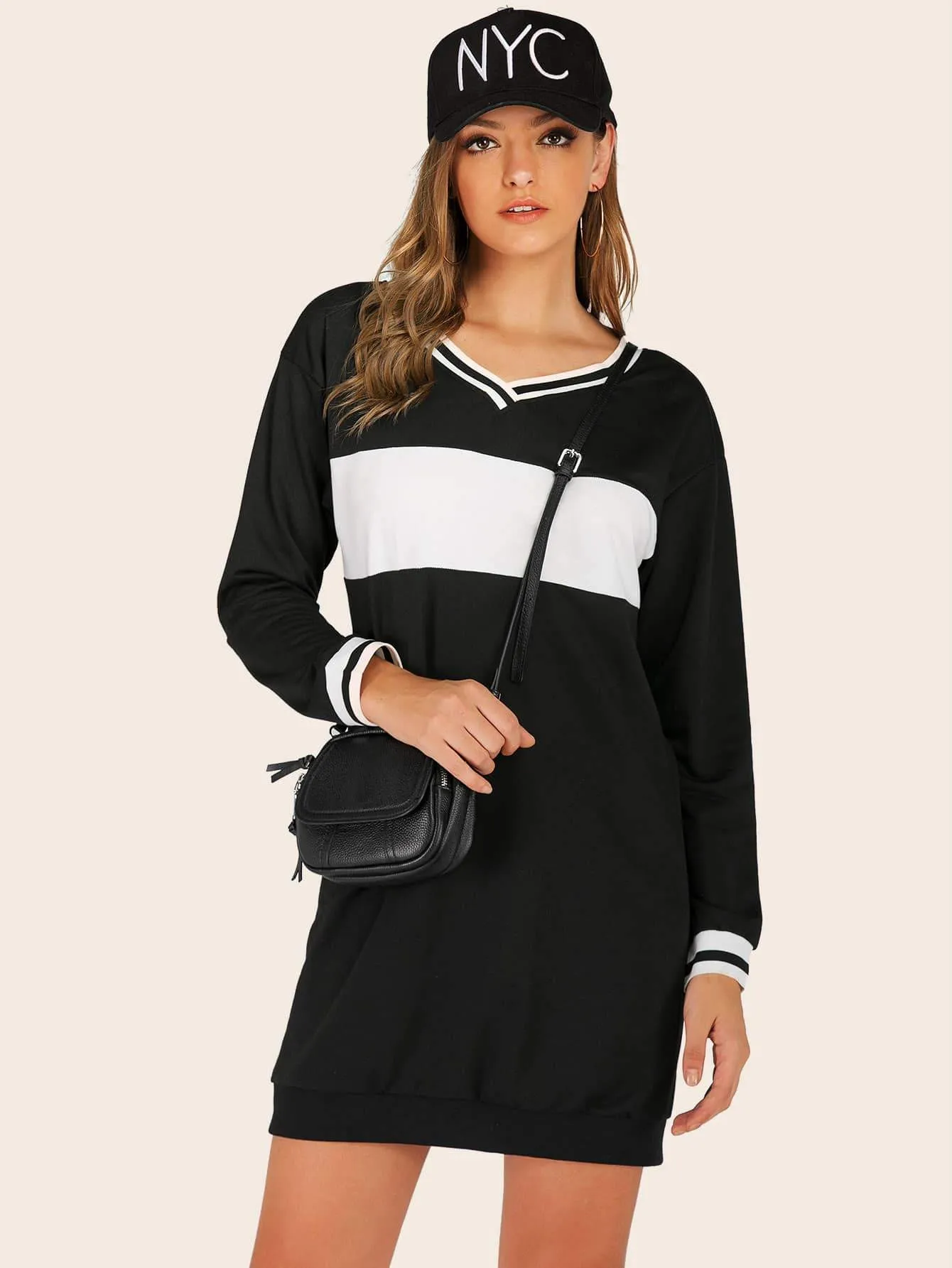 V-neck Cut And Sew Stripe Panel Sweatshirt Dress