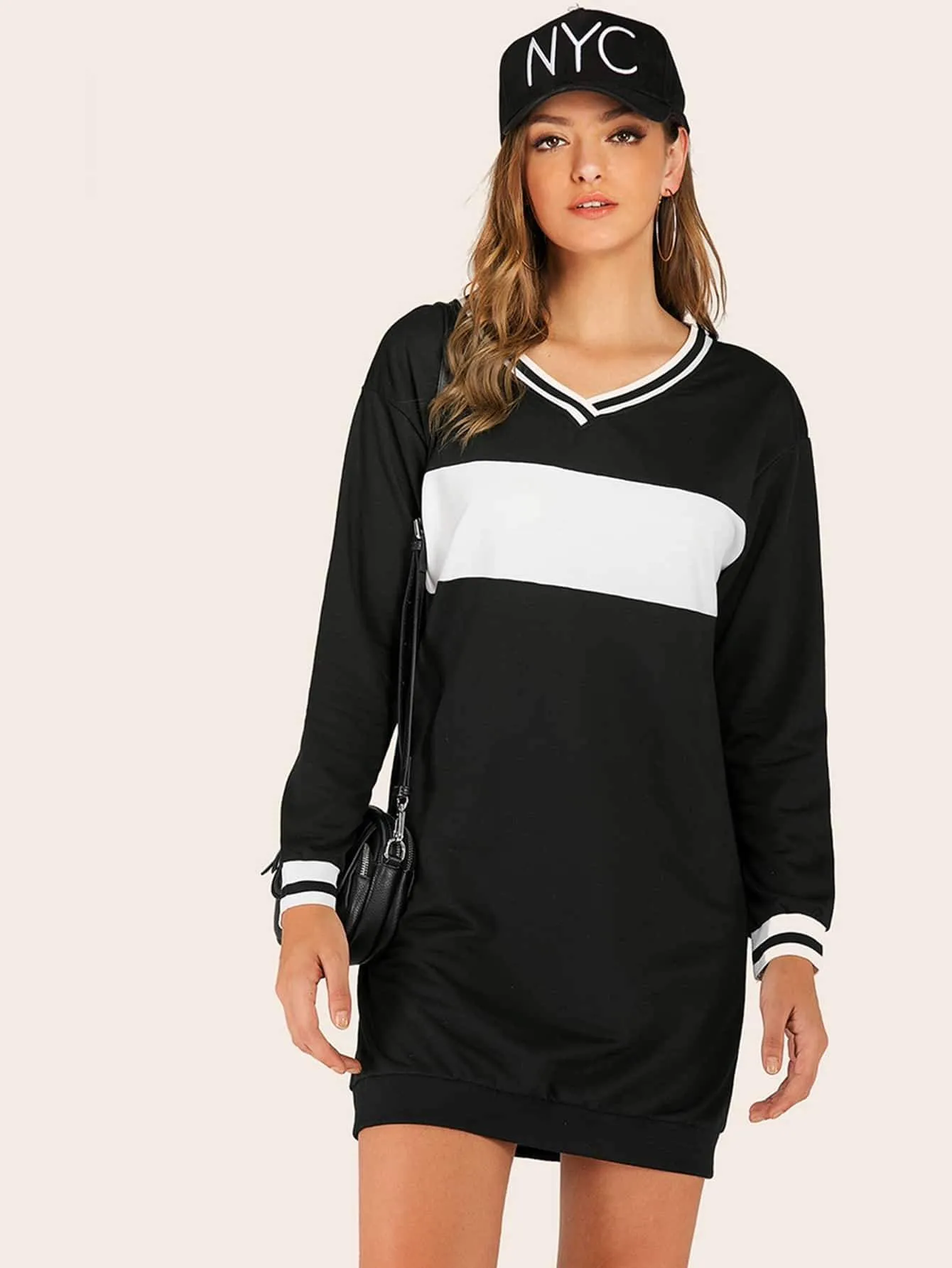 V-neck Cut And Sew Stripe Panel Sweatshirt Dress