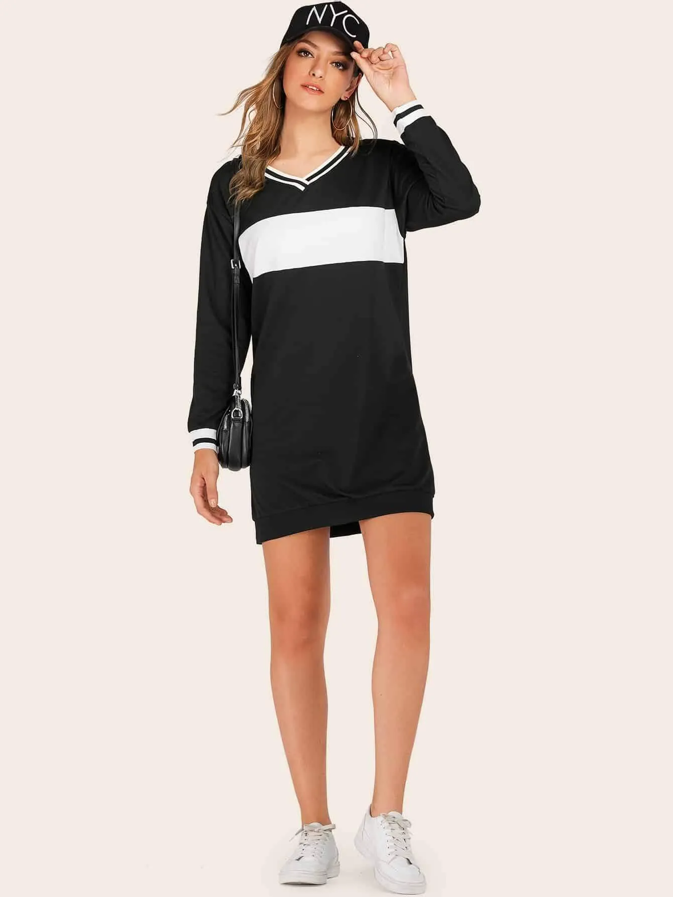 V-neck Cut And Sew Stripe Panel Sweatshirt Dress