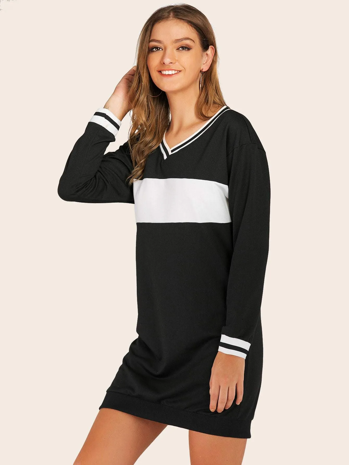 V-neck Cut And Sew Stripe Panel Sweatshirt Dress