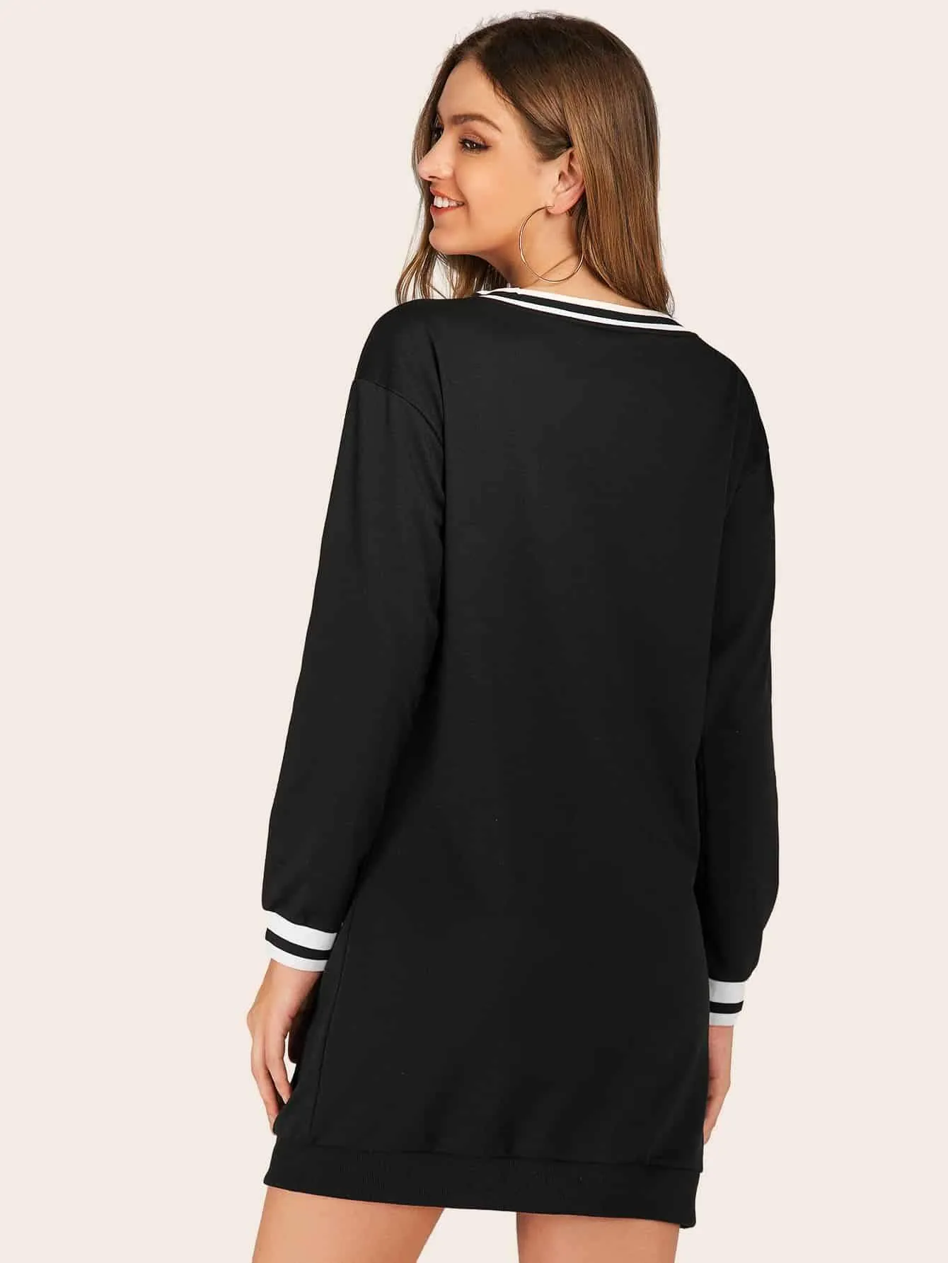 V-neck Cut And Sew Stripe Panel Sweatshirt Dress