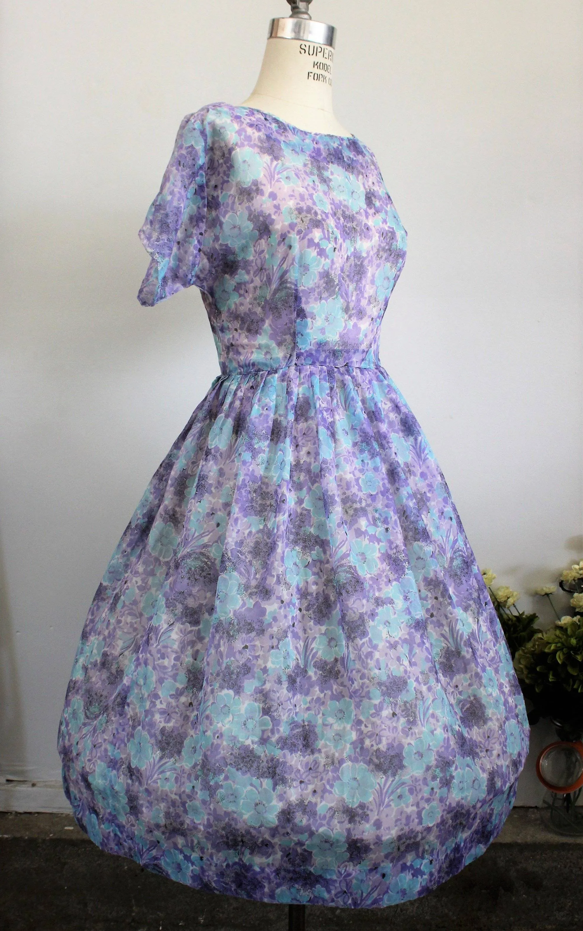 Vintage 1950s Blue and Purple Floral Print New Look Dress, Sheer Nylon