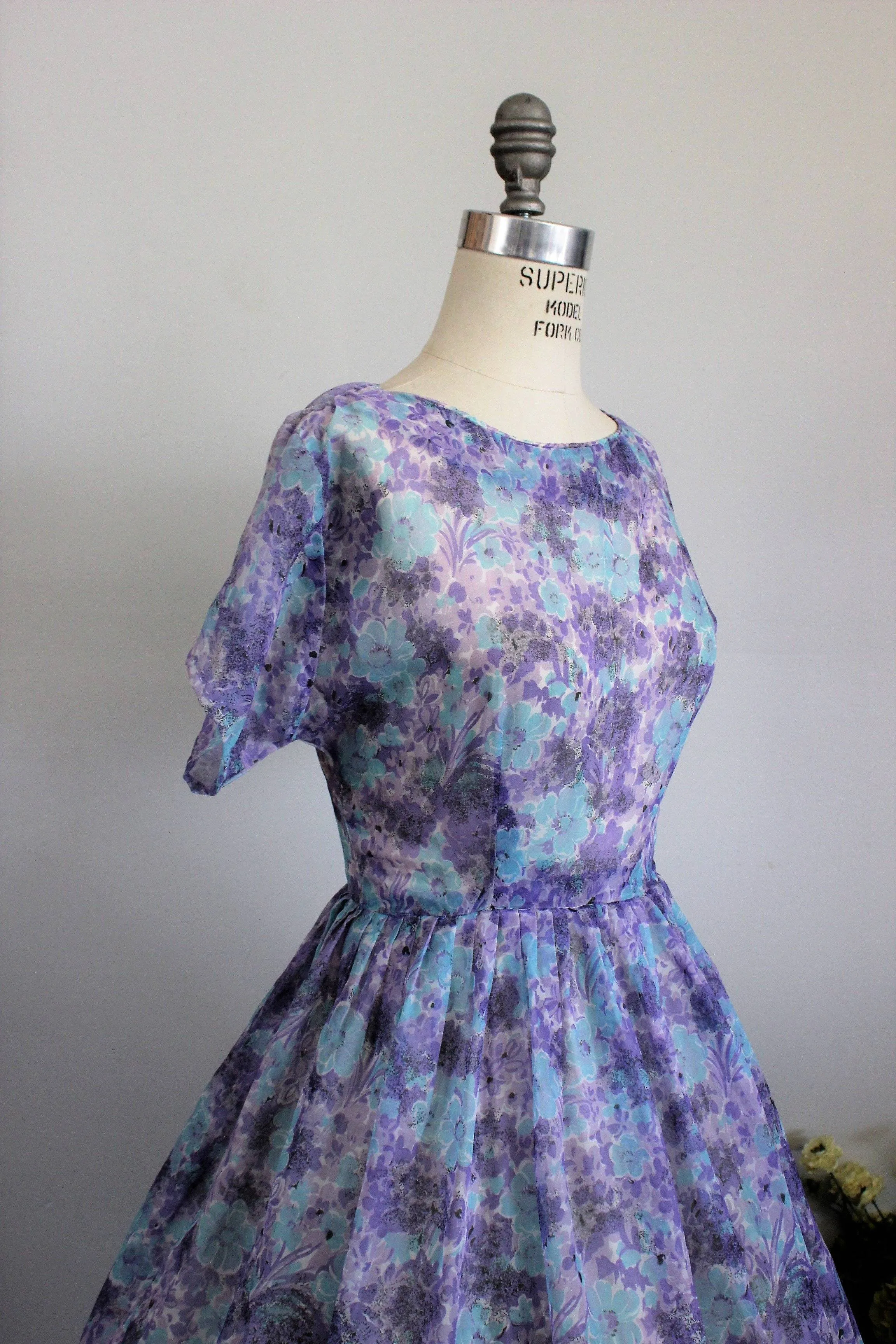 Vintage 1950s Blue and Purple Floral Print New Look Dress, Sheer Nylon