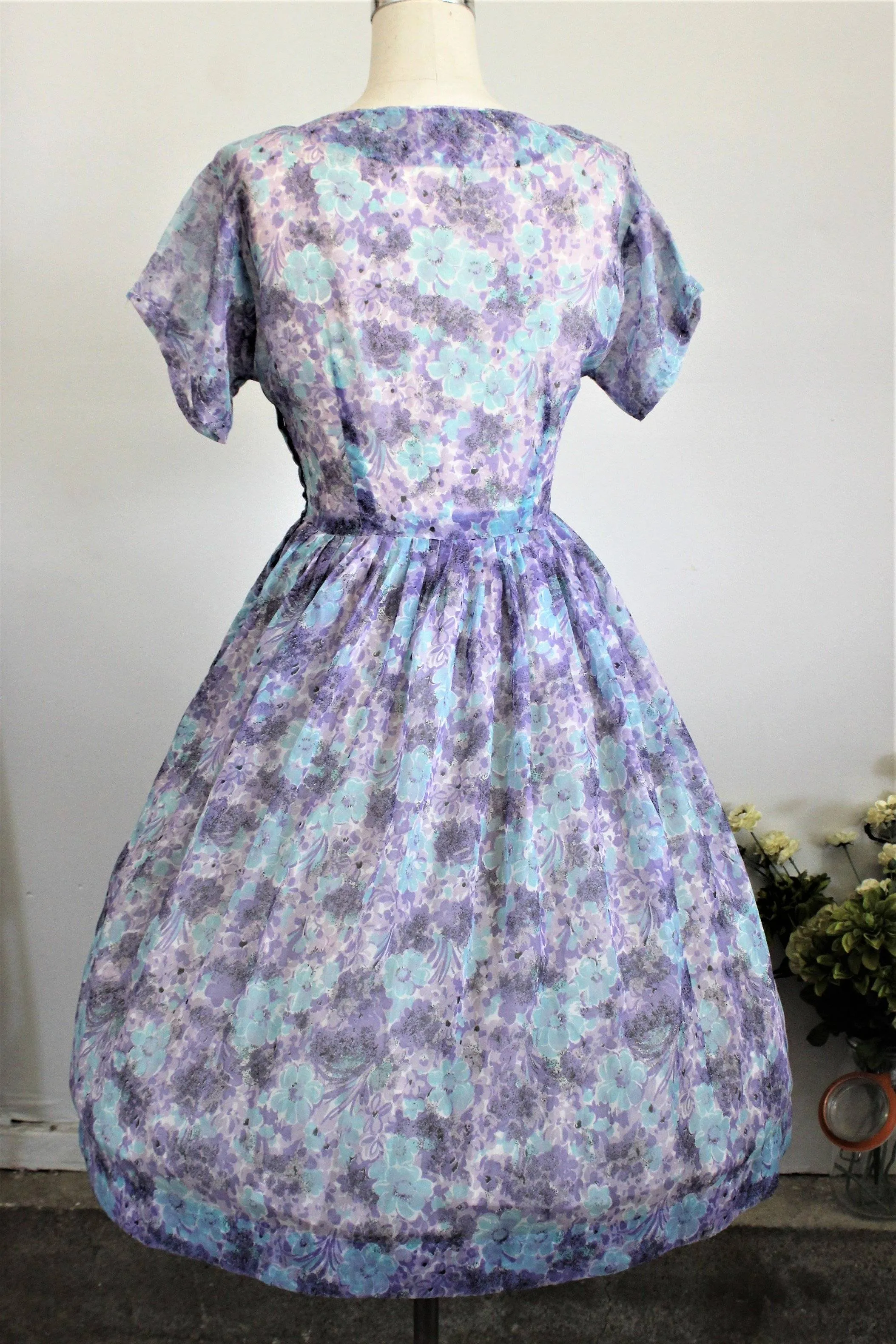 Vintage 1950s Blue and Purple Floral Print New Look Dress, Sheer Nylon