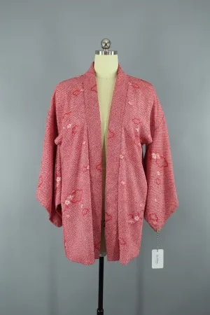 Vintage 1980s Haori Kimono Jacket Cardigan / Maroon Red Shibori Print