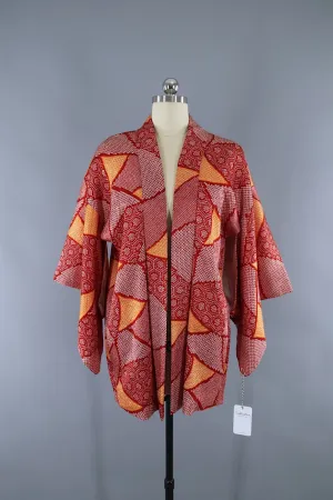 Vintage 1980s Haori Kimono Jacket Cardigan / Red & Orange Shibori Dyed