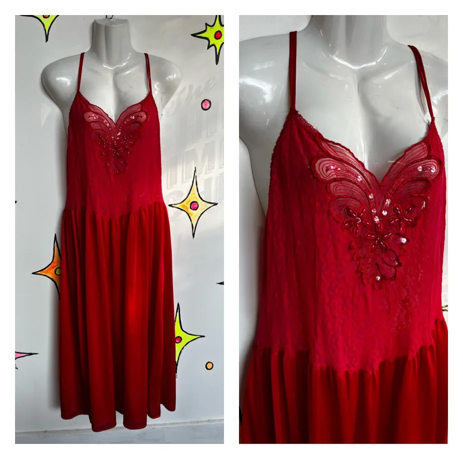 Vintage 80s | Red Lace Beaded Slip Nighty Mini Dress | Size Large