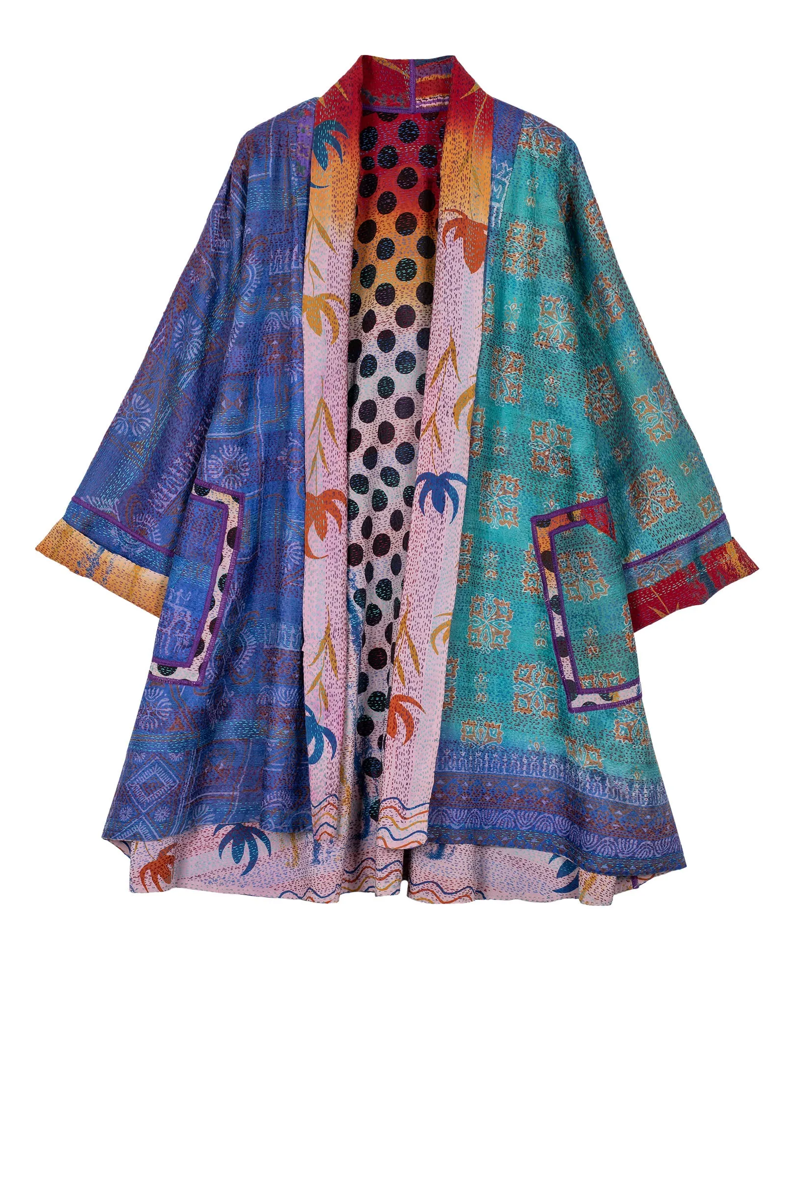 VINTAGE SILK GEORGETTE KANTHA KIMONO LONG JACKET - sg2005-0003a -