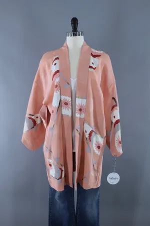 Vintage Silk Kimono Cardigan Jacket / Pink Floral Print