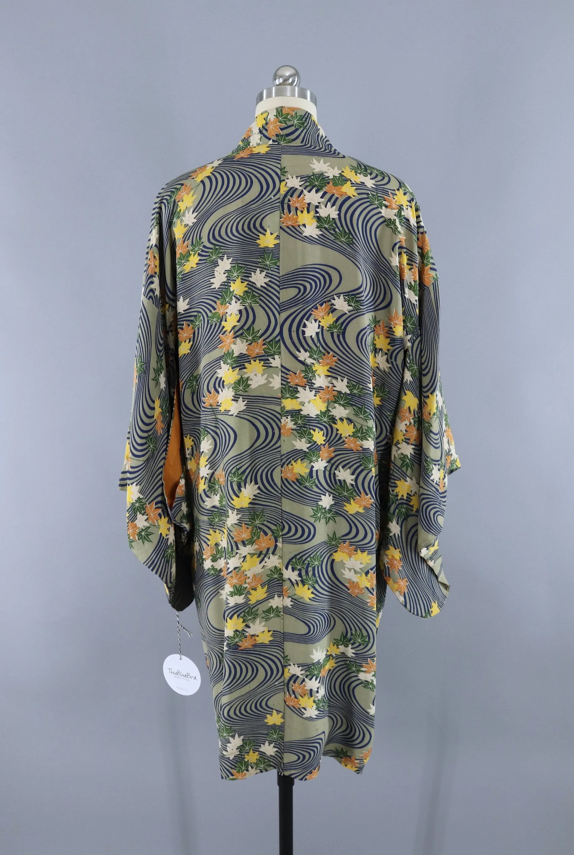 Vintage Silk Kimono Cardigan / Olive Army Green Maple Leaf Print