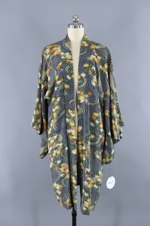 Vintage Silk Kimono Cardigan / Olive Army Green Maple Leaf Print