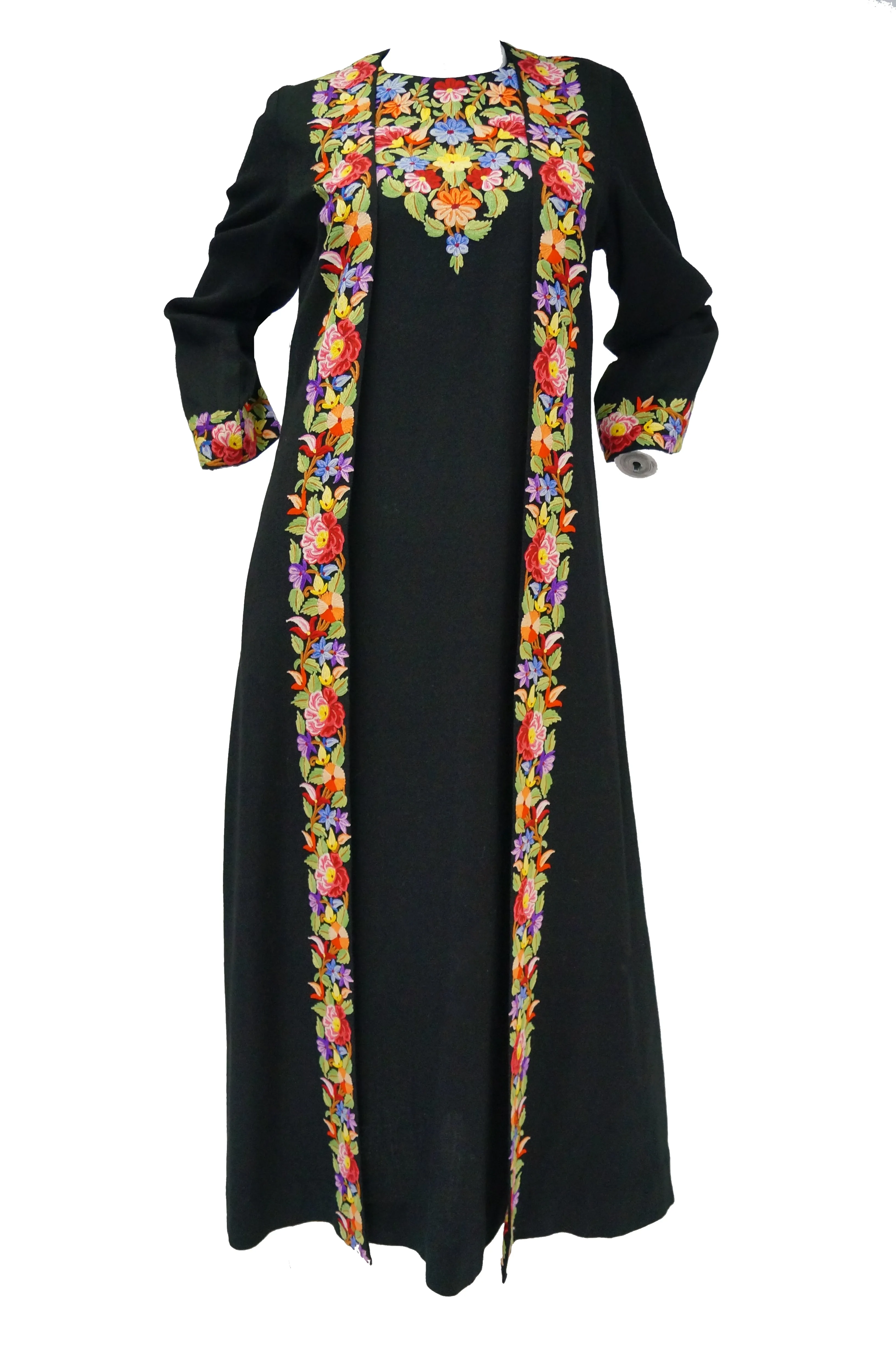 Vintage Suffering Moses Wool Kashmiri Embroidered One Piece Wrap Dress Coat 10