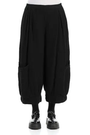 Wide Cropped Black Gauze Linen Trousers