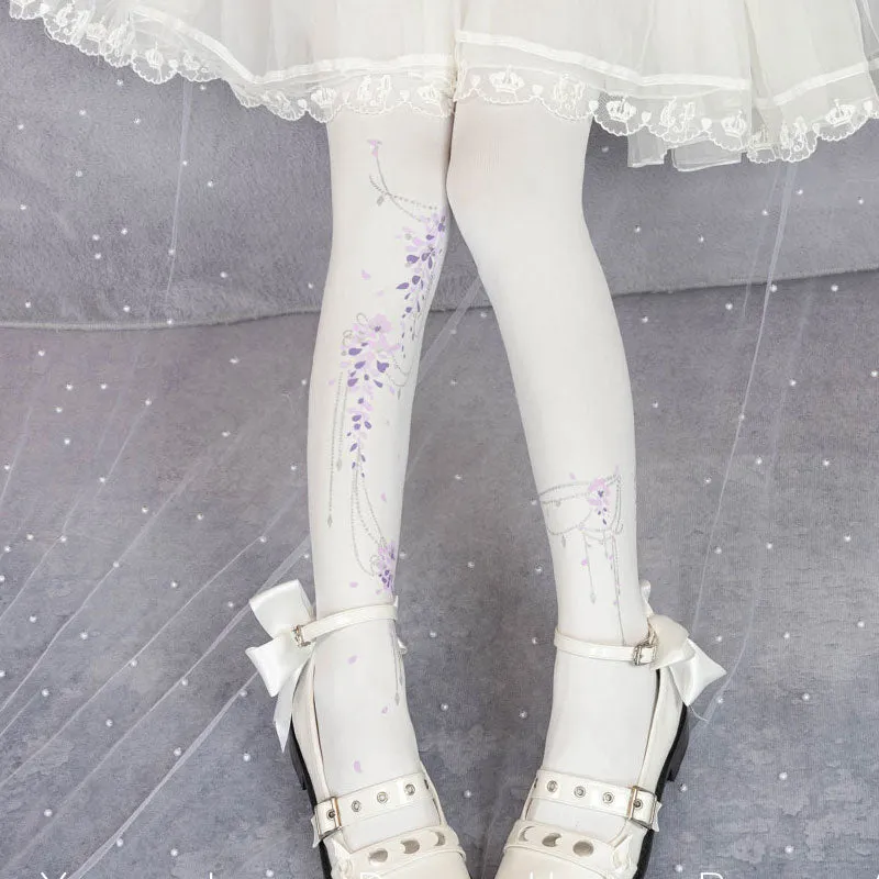 Wisteria ~ Sweet Floral Printed Lolita Tights by Yidhra