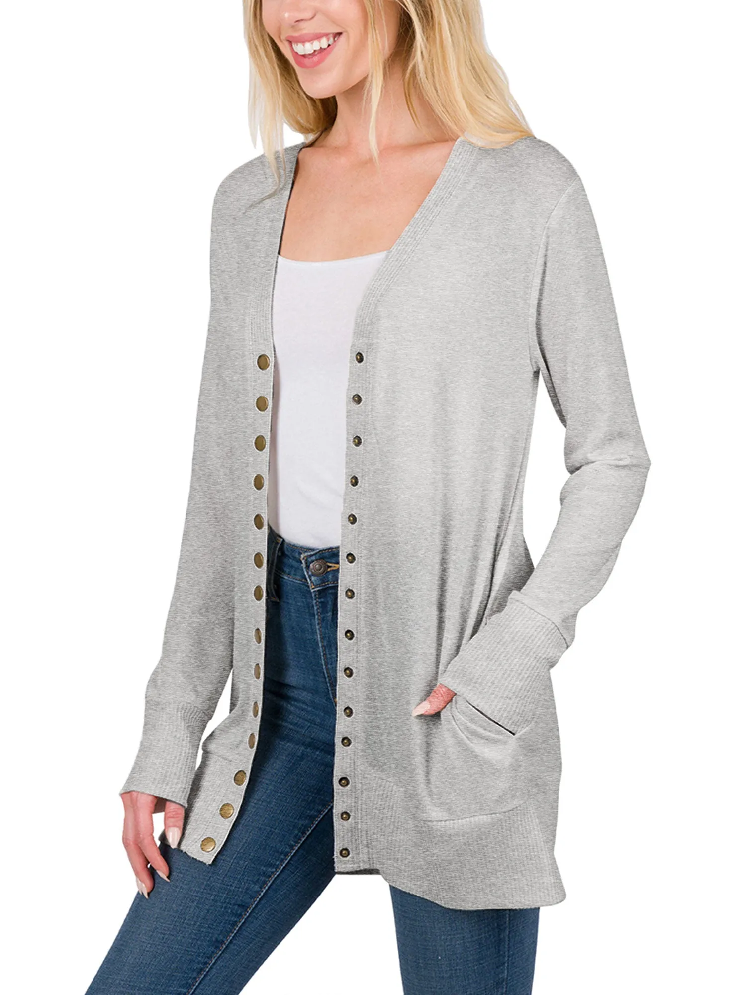 Womens Long Knit Cardigan Sweater with Pockets and Snap Buttons Detail