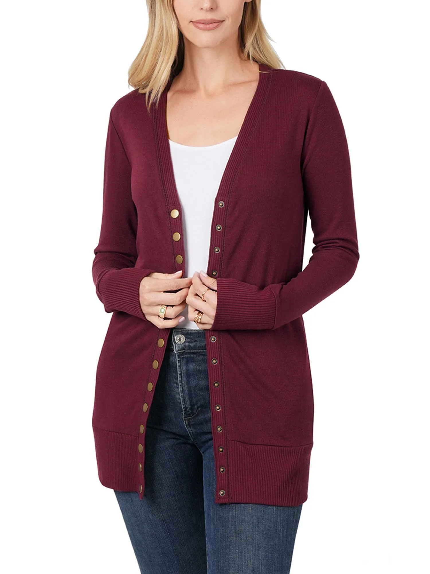 Womens Long Knit Cardigan Sweater with Pockets and Snap Buttons Detail