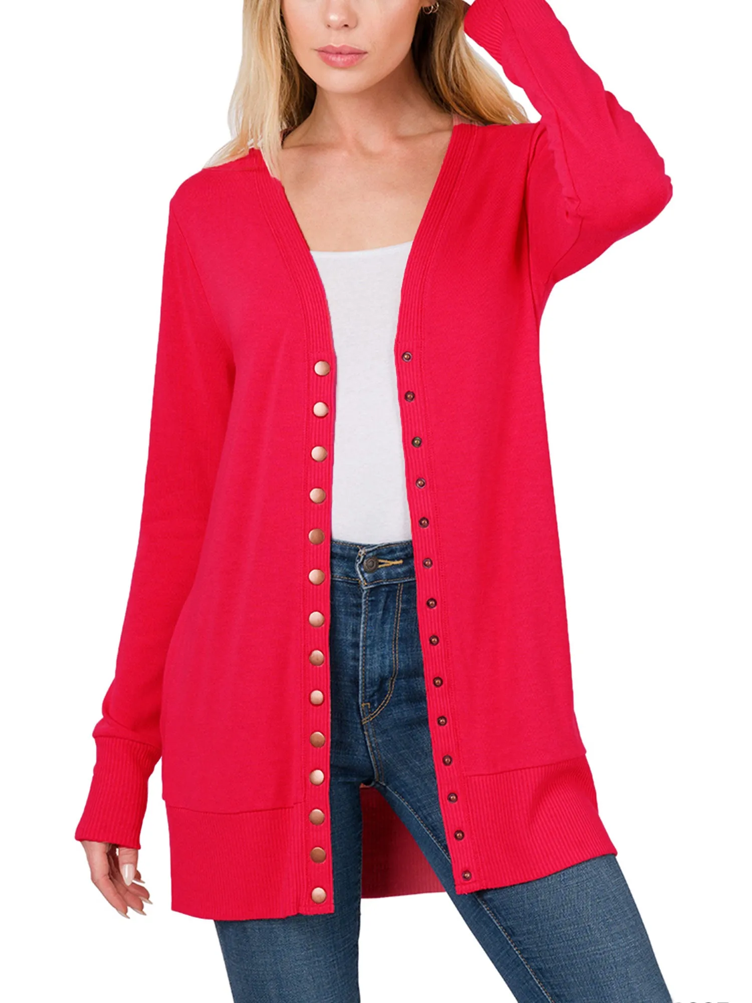 Womens Long Knit Cardigan Sweater with Pockets and Snap Buttons Detail