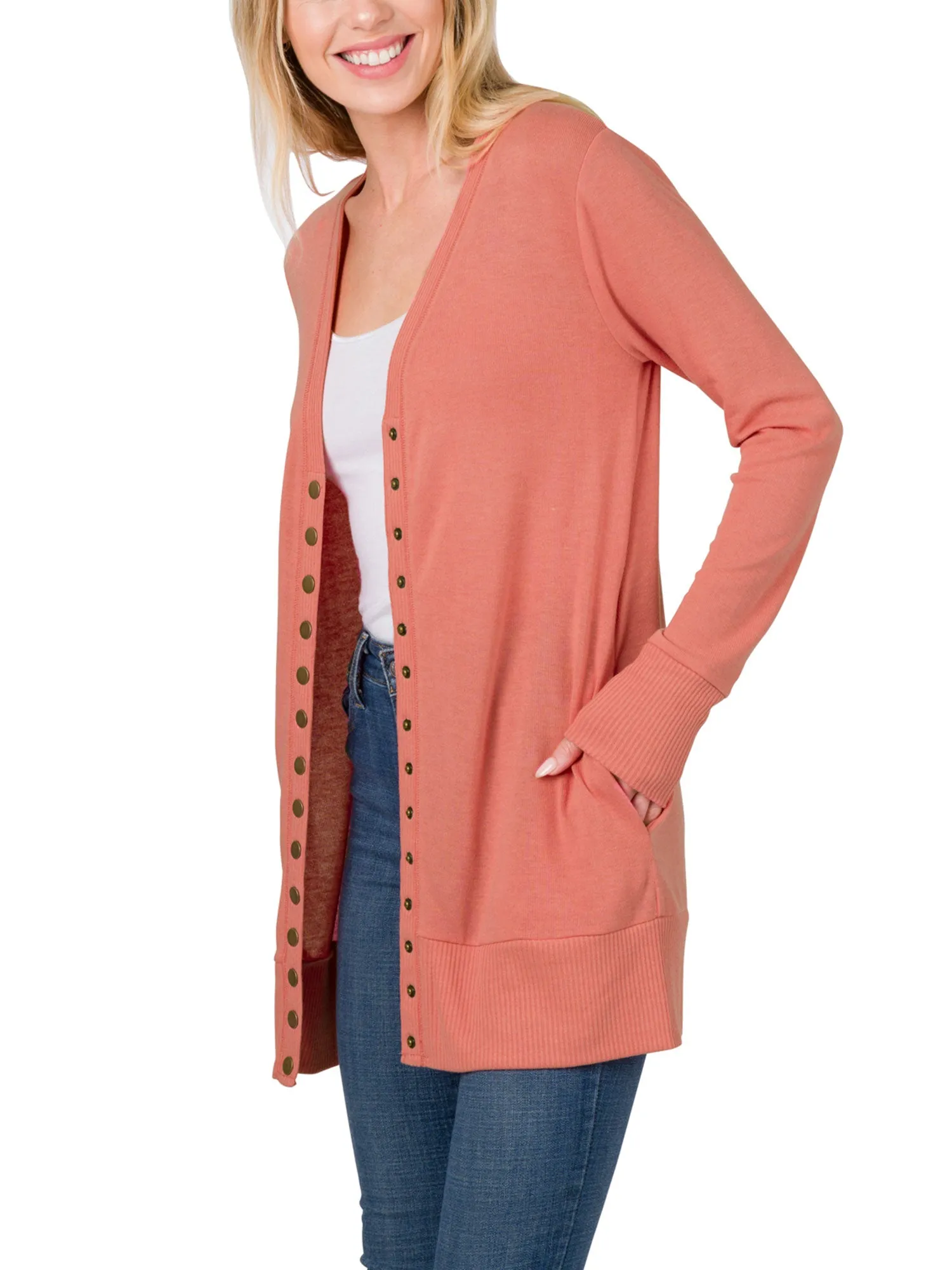 Womens Long Knit Cardigan Sweater with Pockets and Snap Buttons Detail