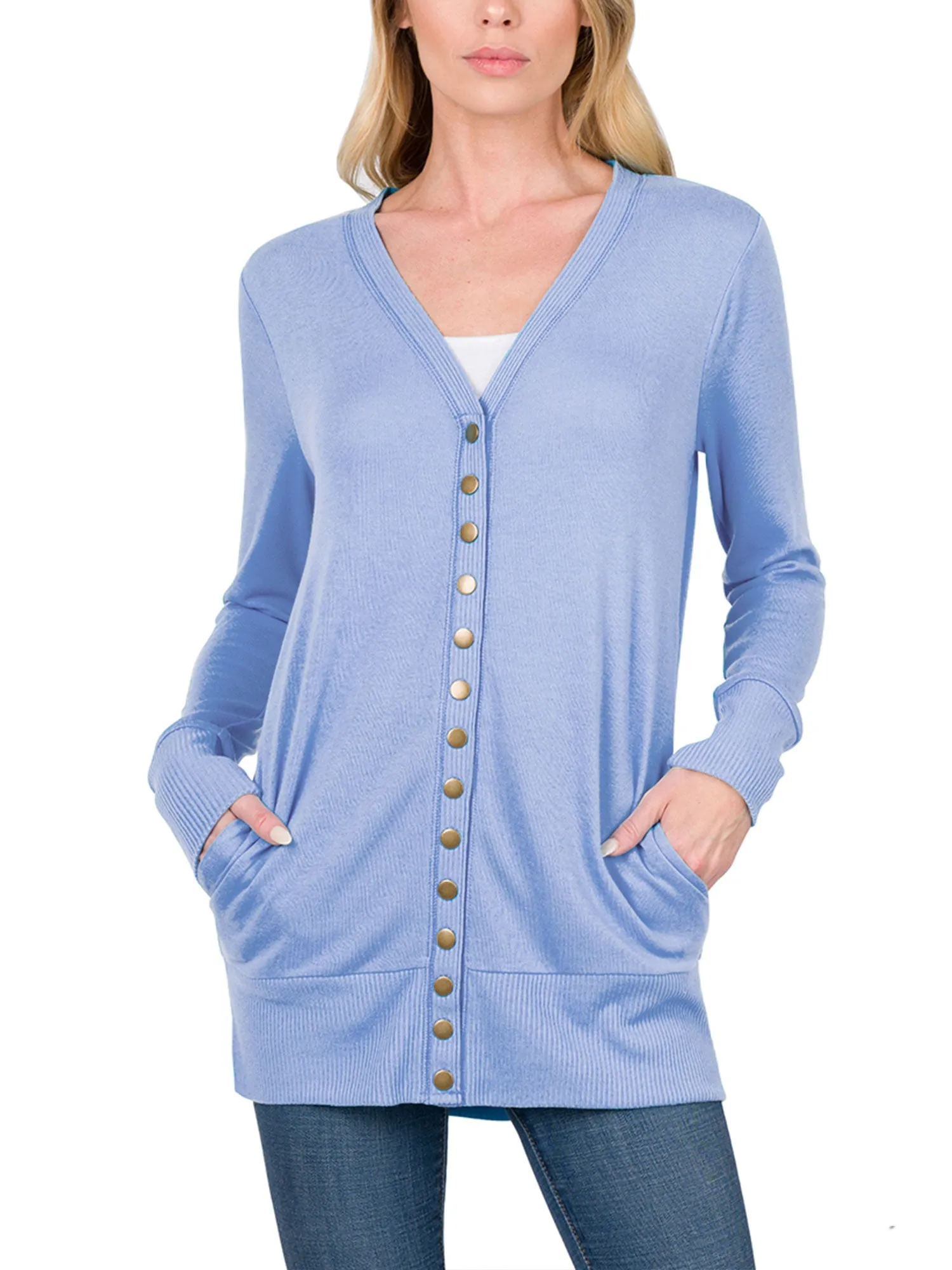 Womens Long Knit Cardigan Sweater with Pockets and Snap Buttons Detail