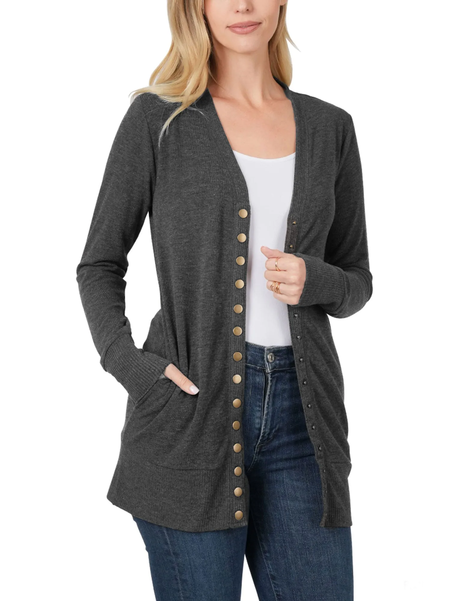 Womens Long Knit Cardigan Sweater with Pockets and Snap Buttons Detail