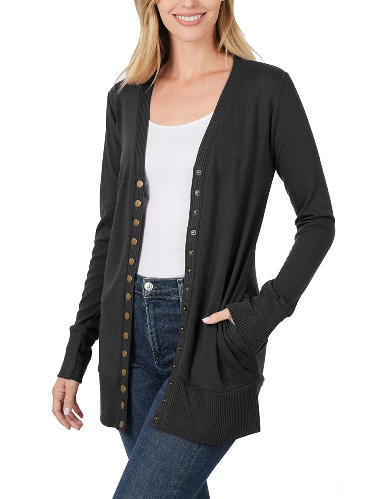 Womens Long Knit Cardigan Sweater with Pockets and Snap Buttons Detail