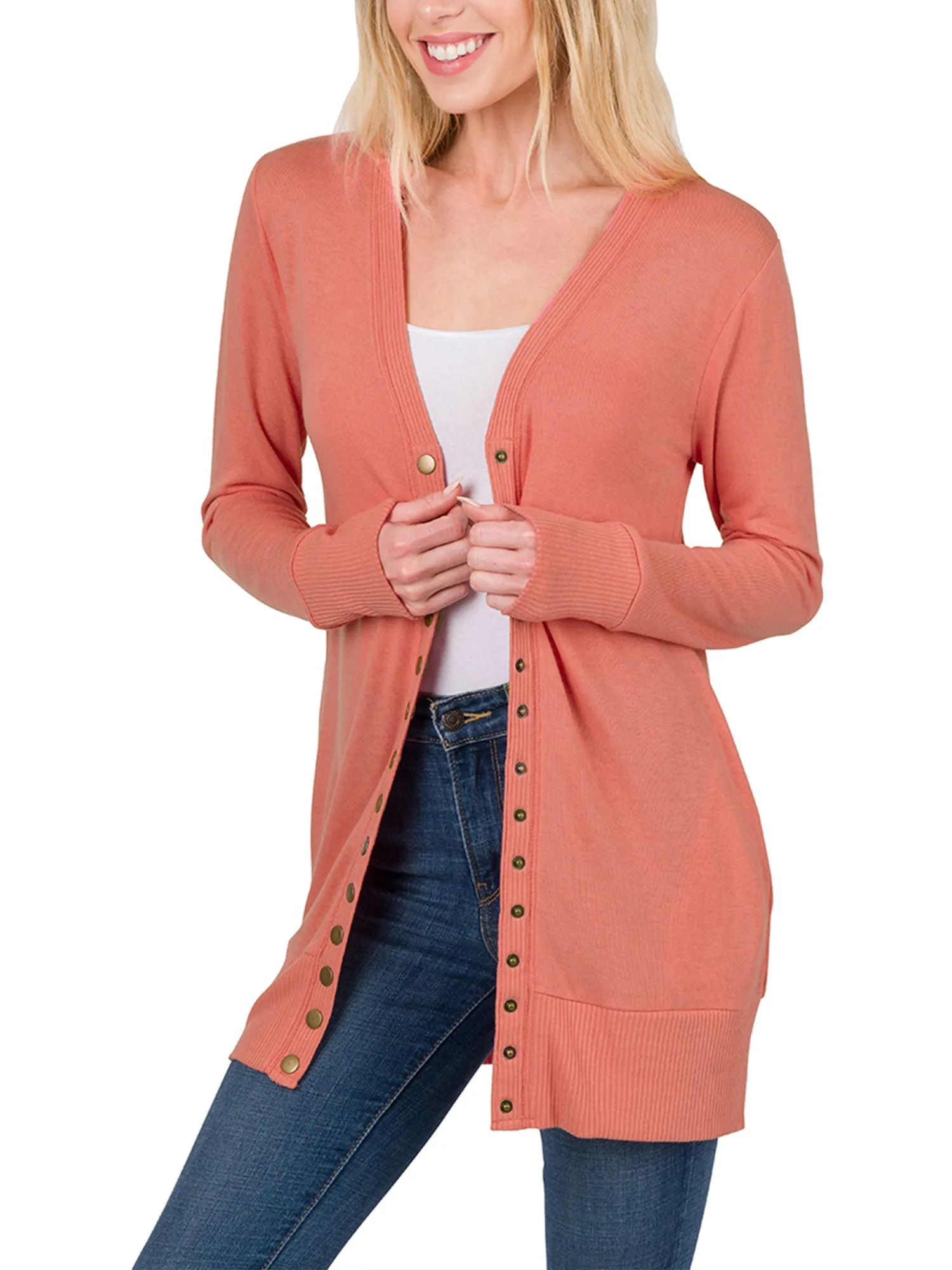 Womens Long Knit Cardigan Sweater with Pockets and Snap Buttons Detail