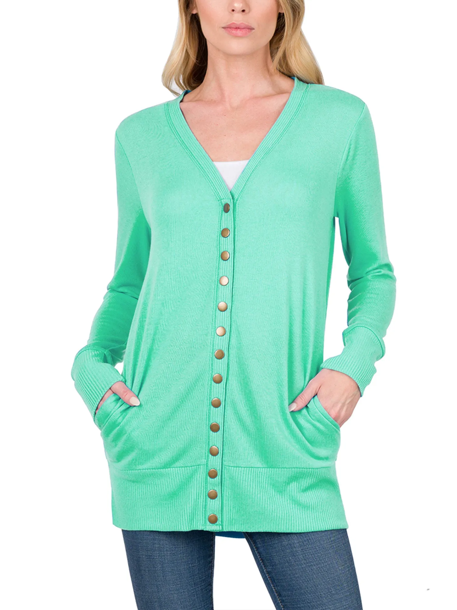 Womens Long Knit Cardigan Sweater with Pockets and Snap Buttons Detail